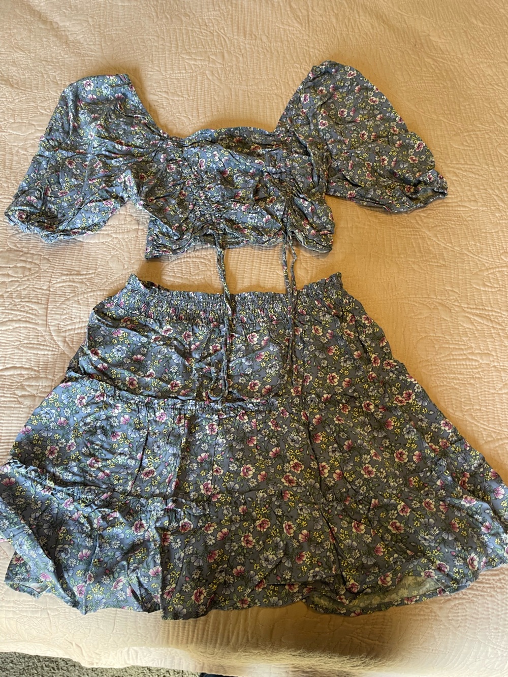 Spoiled Blue Floral Puff-Sleeve Smocked Crop Top